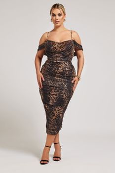 Yours London Vestido Marrón Leopardo Con Hombros Descubiertos, Mujer Curvy Y Tallas Grandes, Yours London