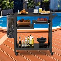 carro de barbacoa de 3 estantes para exteriores con 4 ruedas y tablero de metal negro