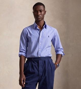 Polo Ralph Lauren para hombre. 710B15595005 Camisa de popelina con rayas Custom Fit azul (L), Casual, Algodón, Manga larga