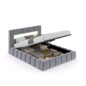 Cama Con Canapé Abatible Estilo Nube Led 160 X 200 Cm Terciopelo Gris Con Cabecero Y Somier Omaha