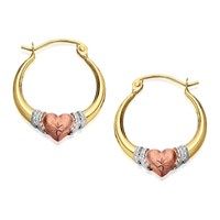 9ct gold three colour heart creole hoop earrings - 17mm - g4911