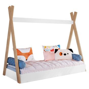 Cama Infantil Tipi Dormitorio En Color Blanco Mate Y Roble 80x190 Cm