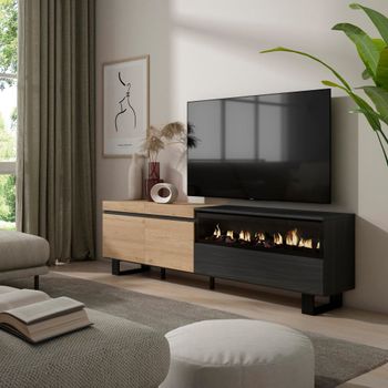 Mueble tv efecto madera roble y negro 200x35x57 chimenea efecto fuego