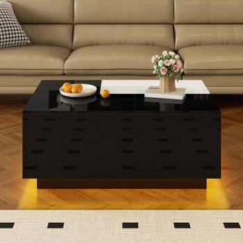 Mesa De Centro Con Luces Led, Extensible, Negra Y Blanca De Alto Brillo, 80 X 50 Cm