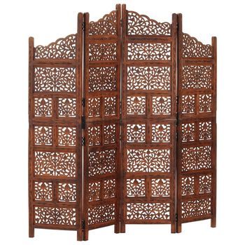 Biombo 4 Paneles Tallado A Mano Madera Mango Marrón 160x165 Cm Vidaxl