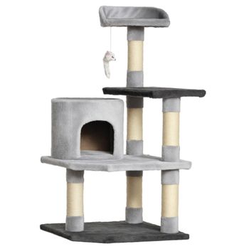 PawHut Árbol Rascador Grande para Gatos 48x48x100 cm con Plataformas Casetas Ratón de Juego Felpa Gris   Aosom España