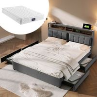 cama doble tapizada con 4 cajones toma usb c cabecera ajustable somier de listones de madera 140x200cm con colchon