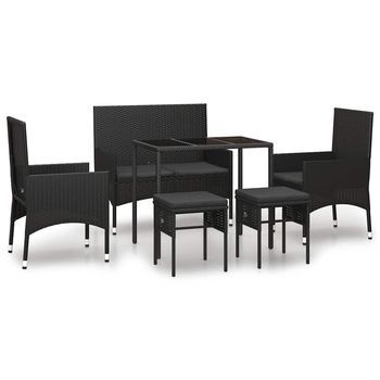 Conjunto Muebles De Jardín 6 Uds | Mesa Y Sillas Y Cojines Ratán Sintético Negro