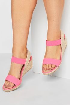 Sandalias De Cuña De Esparto Con Tiras Rosas