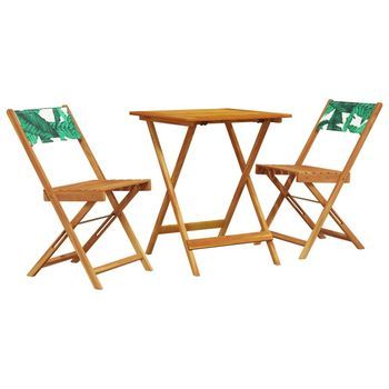 Juego De Bistro De 3 Uds | Conjunto Mueble Jardin Mesa Y Sillas Tela Madera Maciza Estampado Hojas
