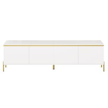 Mueble Tv Blanco De Cuatro Puertas, 170 Cm, Pasacables Y Patas Metálicas