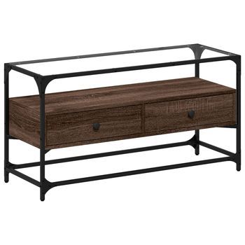 Mueble Tv Cristal Y Madera Ingeniería Marrón Roble 98x35x51 Cm Vidaxl