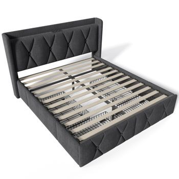 Cama Acolchada De Lino 140x200cm Con 4 Cajones Y Puertos De Carga Usb Gris (colchón No Incluido)