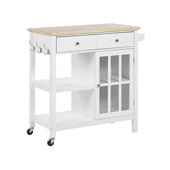 Carrito De Cocina Mdf Blanco Madera Clara Almacenamiento Superior Estantes Cajones Con Ruedas Estilo Escandinavo Genoa