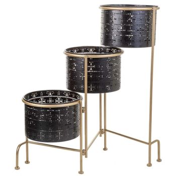 Soporte de metal con 3 maceteros de metal negro 80x26x68