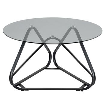 Costway Mesa de Centro Redonda de Vidrio Templado con Estructura Triangular y 6 Almohadillas para Sala Estar Dormitorio Oficina Negro