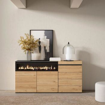 Aparador efecto madera roble 157x35x75cm chimenea efecto fuego