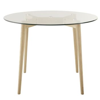 Mesa de comedor redonda de vidrio y roble macizo Ø90 cm