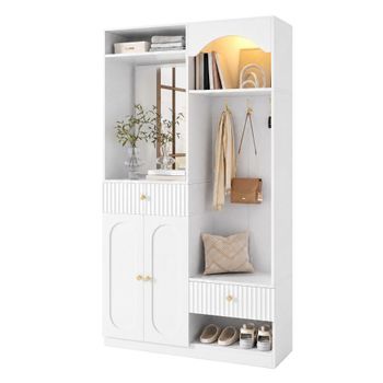Mueble De Recibidor - Armario Con Espejo Y Banco - Mdf - Blanco (100x35x180cm)