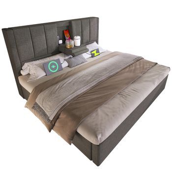 Cama Doble 180x200 Con Almacenaje Hidráulico, Estación De Carga Y Posavasos, Lino Gris