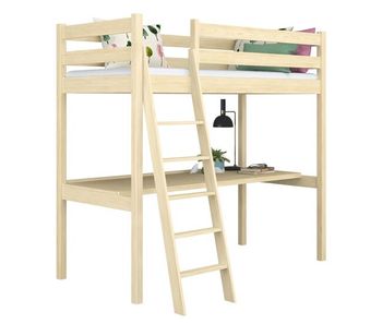 Cama alta de madera con escritorio n03 pino incoloro