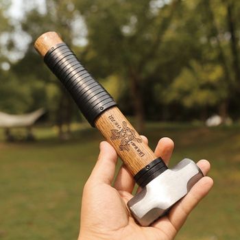 Martillo DGEV con mango de cuero de vaca, martillo para clavar estacas, martillo artesanal, martillo de camping, martillo para forja, ideal para actividades al aire libre y acampada.