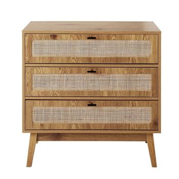 Cómoda con 3 cajones, frentes de ratán y patas de madera, l80 cm
