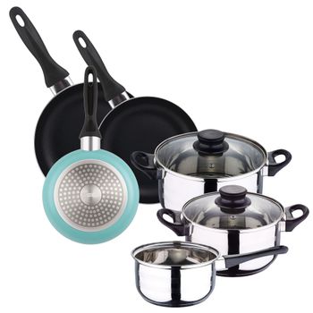 Batería de cocina de acero inox y sartenes celeste ø16,20,24 cm