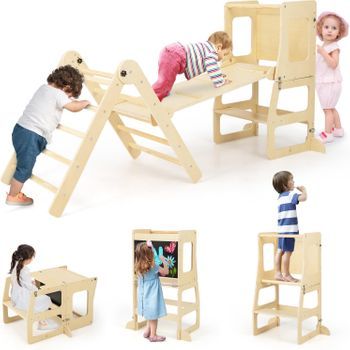 7 En 1 Triángulo De Escalada De Madera Para Niños Con Rampa Reversible Costway 80 X 60 X 12 Cm