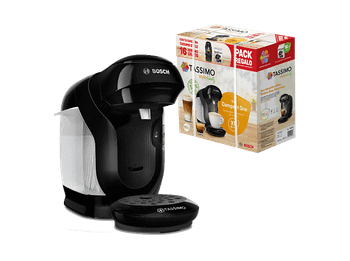 Cafetera de cápsulas - Bosch Tassimo Style TAS112EC, 3.3 bar, 0.7 l, 1.400 W, Intellibrew, Tamaño Compacto, Pack Café Regalo, Negro