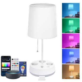 Aigostar- Lamparas de Mesita de Noche Inteligente Compatible con Alexa, Lámparas de Mesa Tela, 2700K-6500K y RGB Regulable, con 3 Enchufes (Type F), 3 Puerto de Carga Rápida, Mando a Distancia,Blanco