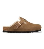 birkenstock para mujer 1032432 zuecos de piel boston shearling ajuste estrecho marron 38 plano ante hebilla casual