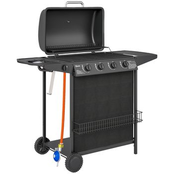 Outsunny Barbacoa de Gas con 4 Quemadores Quemador Lateral Tapa con Termómetro Parrilla y Mesa Lateral Ruedas 121x54x97 cm Negro