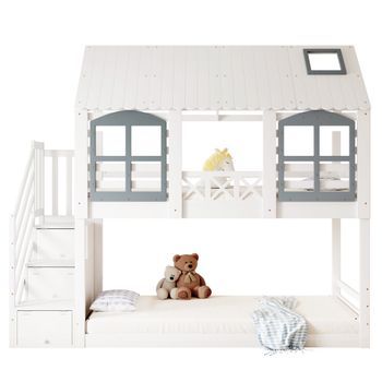 Litera De 90 X 200 Cm - Cama Infantil Con Barandilla De Seguridad - Gran Espacio De Almacenaje - Pino - Blanco
