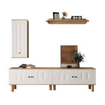 Mueble De Tv - Unidad De Pared De 3 Piezas - Compuesto Por Un Aparador Alto, Armarios Y Un Estante De Pared - Blanco