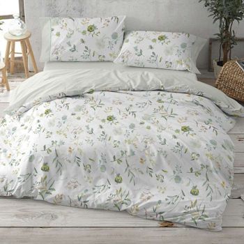 Funda Nórdica 50% Algodón Diseño Flores Acuarela Menta 150 X 190/200 Cm - Menta - Burrito Blanco