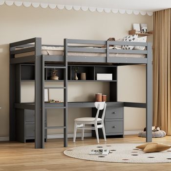 Cama Alta Infantil 90x200 Cm Con Escritorio Inferior, Cajones Y Escalera, Gris