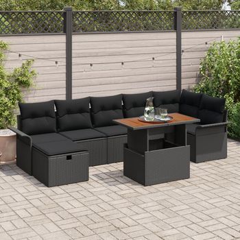 Conjunto De Sofá De Jardín De 8 Piezas Con Cojines Negro Poliratán V1250 Unico / Negro