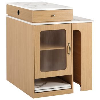 Mesa De Comedor Extensible 80 Cm Con Ruedas, Enchufes Y Almacenaje, Acabado Natural