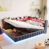 cama tapizada 140 x 200 cm con almacenaje hidraulico y luces led multicolor