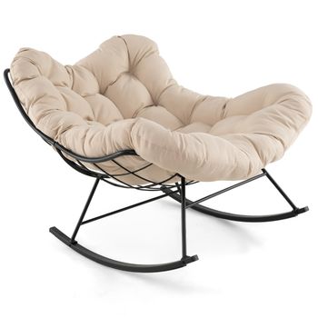 Costway Silla Mecedora para Interior y Exterior con Cojín Acolchado Silla Mecedora con Estructura Metálica Carga 205 kg para Patio Jardín Beige