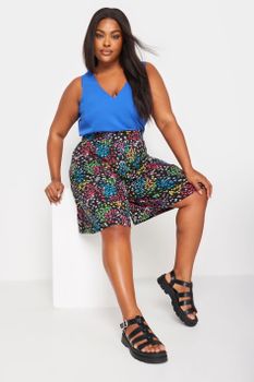 Yours Bermudas Negras De Flores Arcoíris, Mujer Curvy Y Tallas Grandes, Yours