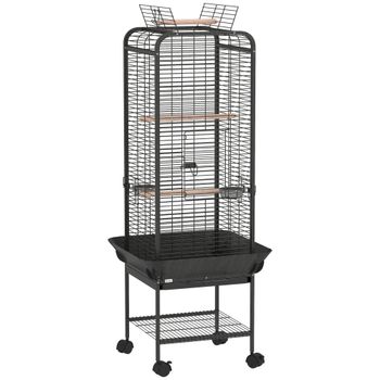 PawHut Jaula para Loros con Ruedas Perchas Comederos Estante y Bandeja Extraíble 62,5x62,5x146 cm Gris Oscuro