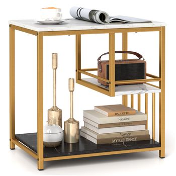 Costway Mesa de Extremo Mesa Lateral de 3 Niveles con Estantes Mesa Rectangular de Lujo con Marco de Metal Mesa Auxiliar para Sala de Estar Blanco