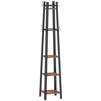 HOMCOM Perchero de Pie de 4 Niveles con 4 Estantes 8 Ganchos con Estructura Metálica para Colgar Ropa Sombrero Marrón Rústico