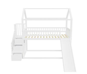 Cama alta infantil 90x200 cm - con tobogán, escalera con almacenamiento, estructura de madera maciza, barandilla alta - blanco