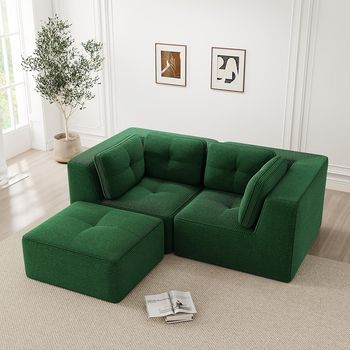 Sofá Esquina Modular Dos Plazas Sin Marco Forma L Con Reposapiés Móvil Tejido Cord Verde Para Salón Y Dormitorio