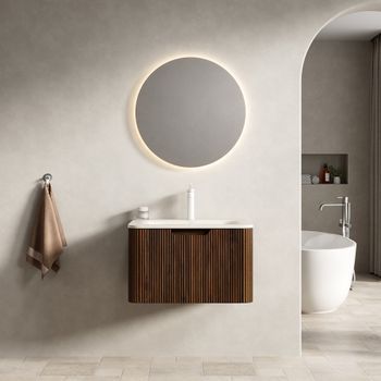 Mueble De Lavabo - Baño - Piedra Sinterizada Y Contrachapado - Beige Y Nogal (60x46x37.5cm)