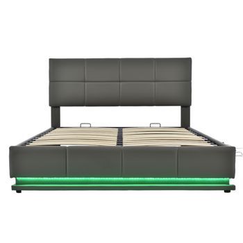 Cama Contenedor 160x200cm En Símil Piel Con Led + Somier + Cabecero Ajustable Gris