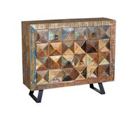 recibidor con 2 cajones y 2 puertas en madera reciclada con estante interiores y patas en metal caracteristicas mueble expuesto a variaciones de color en el diseno medidas87cm alto x 100cm ancho x 32cm fondo peso 44 kg medida embalaje 91x104x36cm